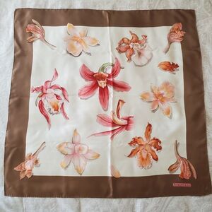 Tiffany & Co. Cream Silk Scarf with Brown Border and Pink Floral Accents